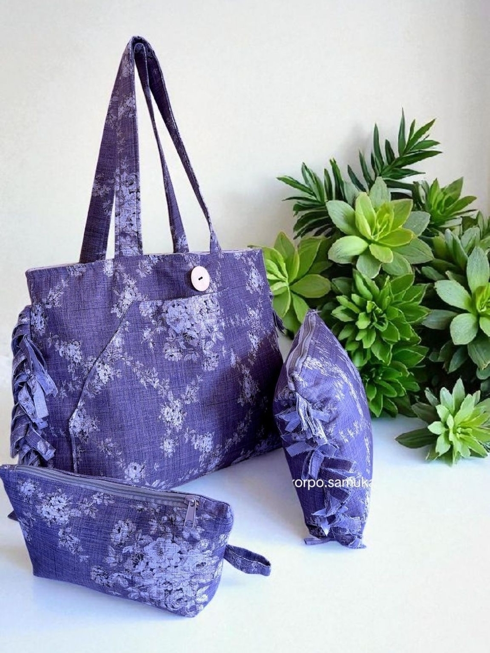 Purple Floral Tote Bag Set with Matching Pouches - Women Bags